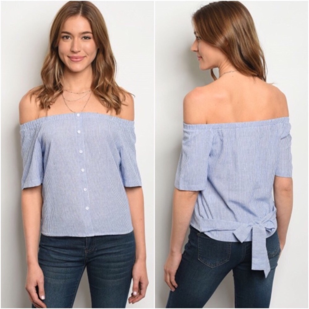 💖Blue Striped Off The Shoulder Top S-M-L💖 - Picture 2 of 6